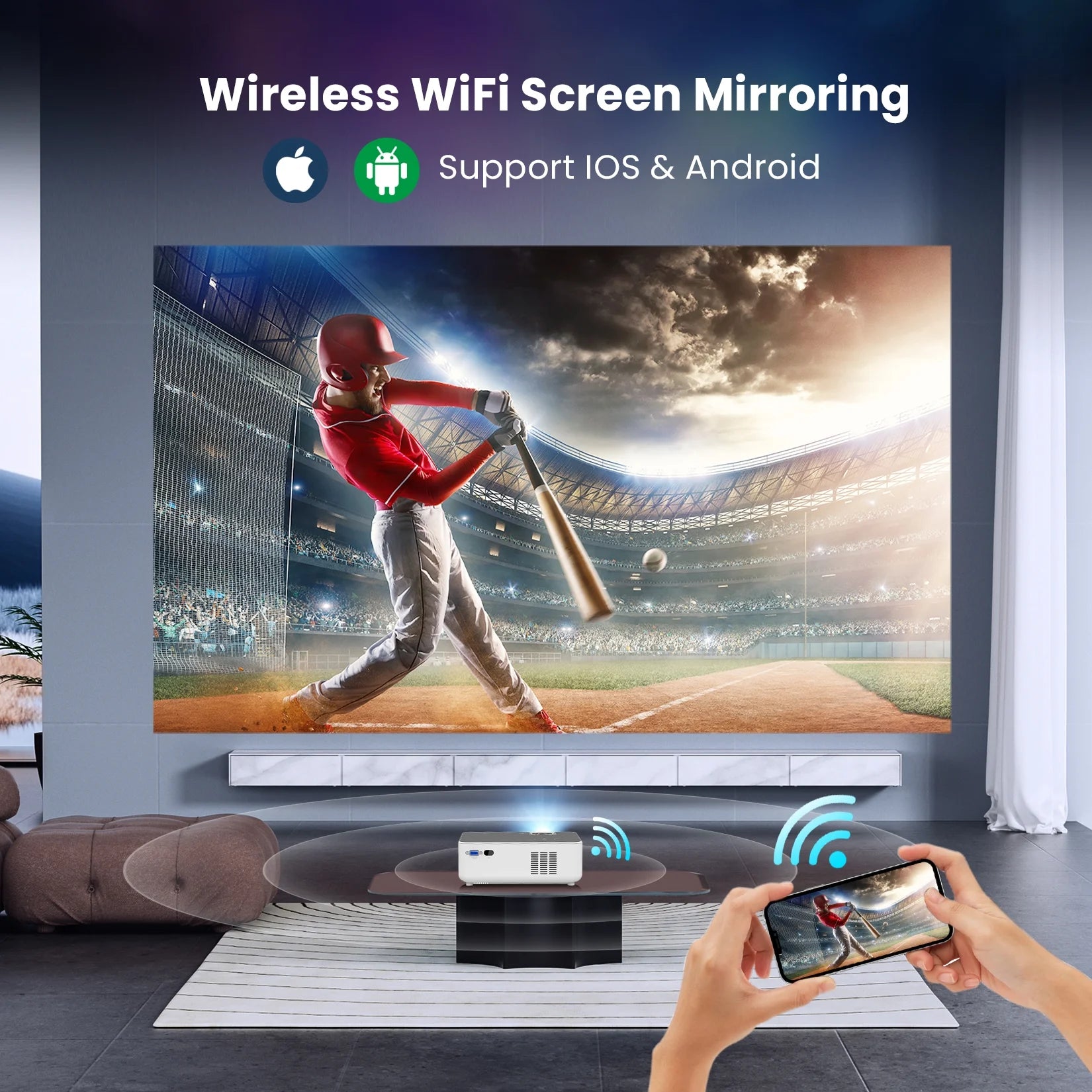 Proyector Wifi Bluetooth, Proyector De Películas Portátil Nativo 1080P Para Hogar Y Exterior, Proyector De Vídeo HD Completo Compatible Con Teléfono/Portátil/Pc/Tv Stick/Usb/Tarjeta Sd (Trípode Incluido)